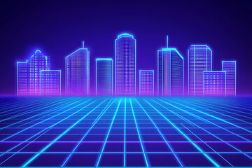 A digital-themed background featuring a futuristic cityscape with high-rise buildings, representing a modern metropolis. 