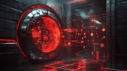 Old stone bank vault with cryptographic security floating above