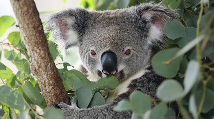 Fototapeta premium Close-up of a Cute Koala Hiding Among Green Leaves in Australia