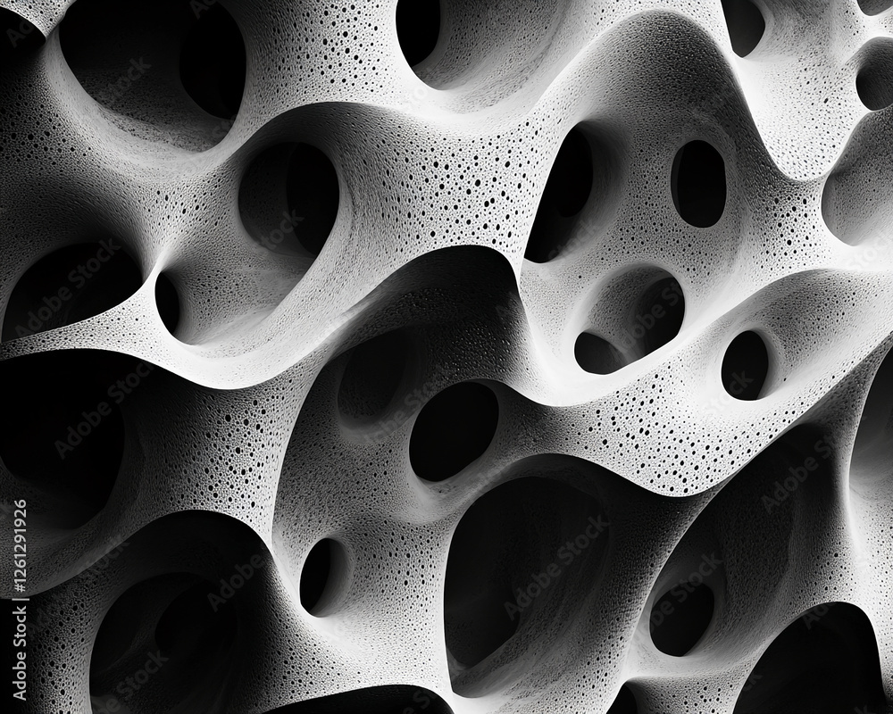 Poster close-up of a black and white porous organic texture with round holes and smooth curves, symbolizing