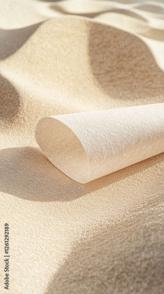 Poster a rolled-up beige paper on a sandy textured surface with soft light and shadows, representing creati