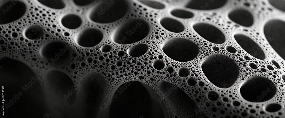 Poster Close-up of a porous surface with intricate patterns and small holes, showcasing an abstract texture that represents the concept of complexity, structure, and natural design.
