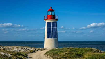 Solar-Powered Lighthouse on Rocky Shore Under Clear Blue Sky