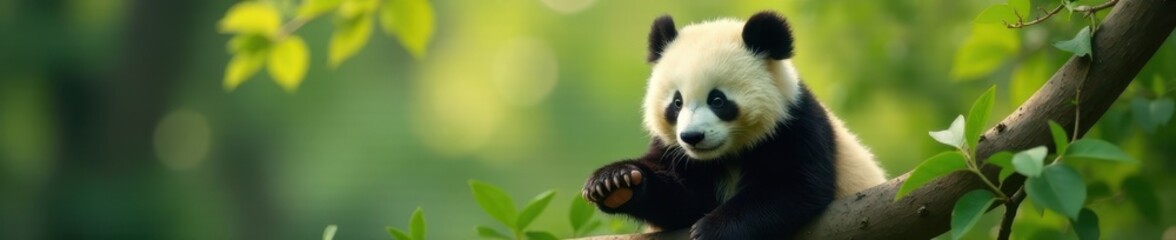 Obraz premium Round chubby panda sitting on branch, leaves surrounding, photo, drawing, panda