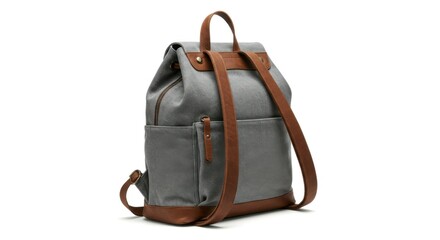 A classic gray canvas backpack with vintage-inspired brown leather straps on a neutral white background.