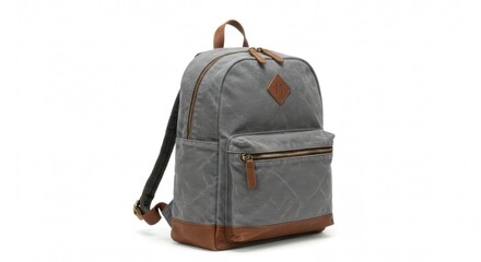 Fototapeta premium A trendy gray fabric backpack with brown leather buckles, displayed on a white backdrop.