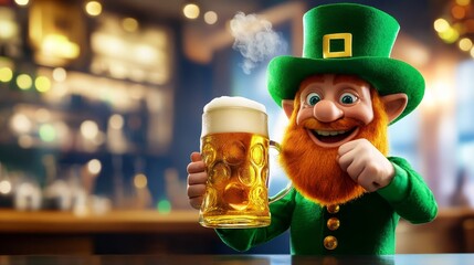 Obraz premium Happy Leprechaun with Beer in Pub - A cheerful leprechaun raises a beer mug in a festive pub setting. Perfect for St. Patrick's Day promotions
