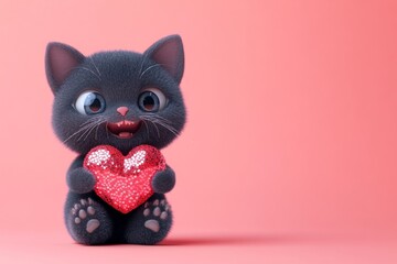 Cute russian blue young cat with sparkling rhinestones red heart - emblem of love, funny greeting card. Russian blue - my cherished cat. Marketing creative design idea. Kitten cuddling heart.