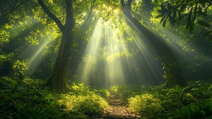 Obraz premium Sunlight Filtering Through Trees in Lush Green Forest Landscape