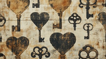Unique wall art featuring keys and heart shapes in a vintage style