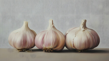 Obraz premium Garlic, a realistic oil painting with soft and natural lighting 