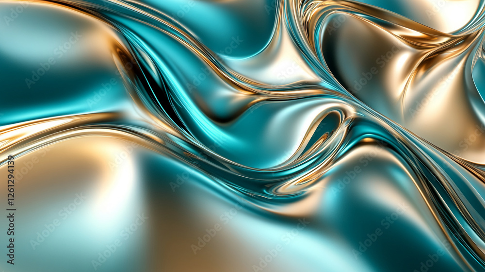 Poster close-up of teal and gold shiny flowing fabric creating smooth curves and folds, representing fluidi