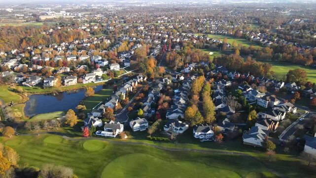 Modern upper middle class homes in the Washington, D.C. suburb of Leesburg. landscape from a drone.
