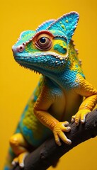 Fototapeta premium Vibrant yellow & blue panther chameleon, isolated , macro, colorful, herpetology