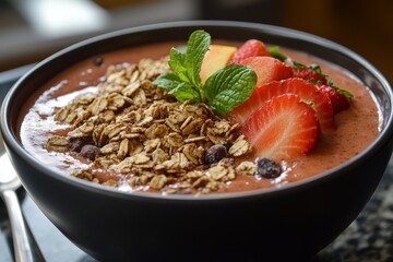 Chocolate smoothie bowl with granola, strawberries, and mint
