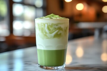Matcha latte, cafe, creamy swirls, bokeh background, beverage menu