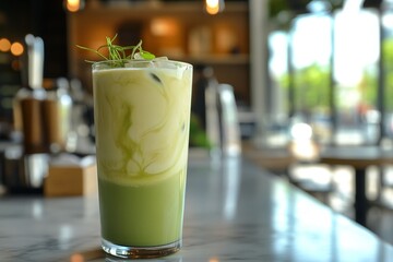 Iced Matcha Latte, cafe, marble counter, bokeh background, menu
