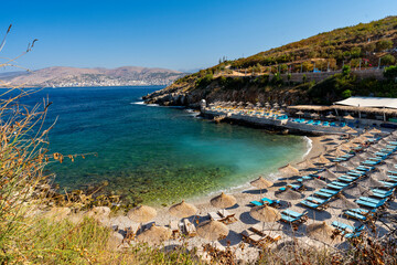 Albania, Vlorë County, Sarandë - 17 August 2024 - Suggestive glimpse of Heaven Beach in Saranda with the blue and turquoise sea