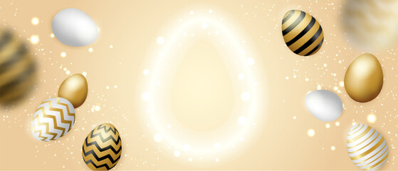 Happy easter celebration. Golden, white and black easter egg on soft gold background. light and shadow. Vector.