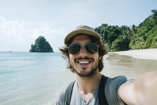 30 years old man, brown hair, make selfie on the beach in thailand with sunglasses and hat