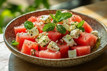 Summer watermelon feta salad, outdoor setting