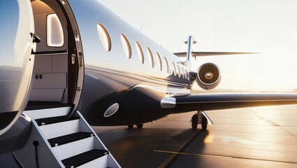 Sleek, Modern Private Jet on Airport Tarmac at Sunset, Reflecting Warm Hues with Polished Metallic Surface, Open Door, and Inviting Atmosphere – Luxury and Sophistication in the Air

