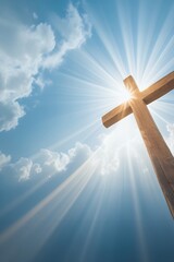 Digital Photograph of Large Wooden Cross with Visible Grain Patterns Against Vibrant Sky, Dramatic Sunlight Rays, and Fluffy Clouds – Symbolizing Faith, Hope, and Spiritual Serenity

