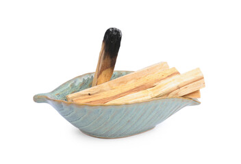 Palo santo sticks and burnt one on white background