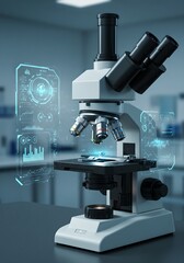 Futuristic medical laboratory with microscope and holographic displays. Advanced research technology for scientific analysis and healthcare innovation