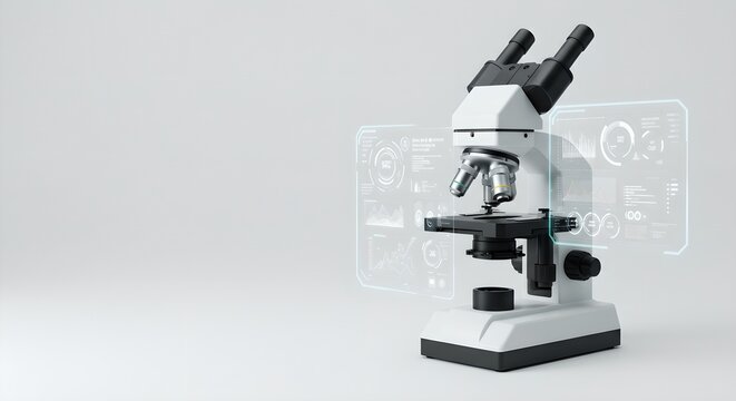 Advanced microscope with holographic display for scientific research. Modern laboratory equipment for medical studies and technological innovations.