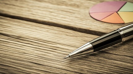 Close-up of pen on wooden table with colorful pie chart