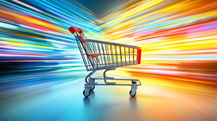A modern shopping cart illustration with sleek lines and vibrant colors, representing ecommerce.