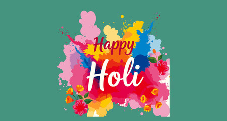 A vibrant Holi celebration graphic.

The background is a muted teal-green color.