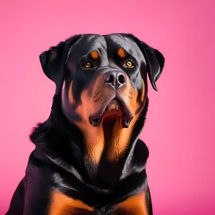 Fototapeta premium A adorable Rottweiler dog sitting in the Light Salmon background 