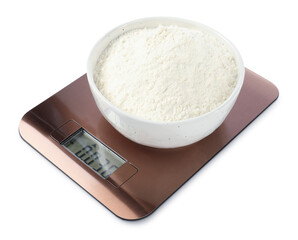 Electronic kitchen scale with bowl of flour isolated on white