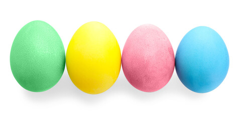 Bright painted Easter eggs isolated on white, top view