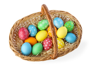 Happy Easter. Bright painted eggs in wicker basket isolated on white, above view