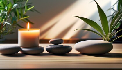 Stacked rocks with soft candles and small plants
