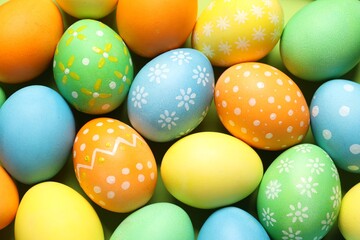 Beautiful decorated Easter eggs on green background, top view