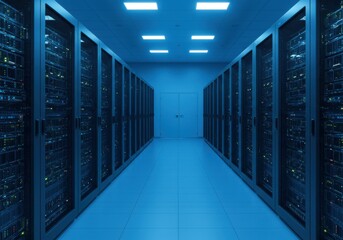 An ultra-modern data center featuring perfectly arranged servers and ambient blue lighting.
