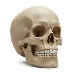Highly detailed human skull, isolated on a white background, ideal for anatomy studies, medical education, and Halloween themes, showcasing realistic bone texture and structure
