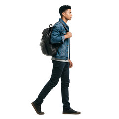 A confident young male commuter walks with a backpack, wearing casual attire, captured from the side, isolated on a clean white background for a modern feel, isolate white background