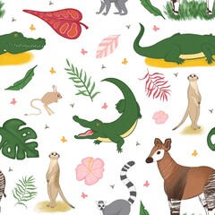 seamless pattern with African animals on white background 