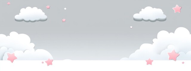 Pastel Pink Stars and Fluffy White Clouds in a Gray Sky