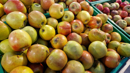 Apples for sale in a supermarket. Ripe juicy apples close-up with selective focus. Fruits. A pile of apples for sale in a store. A variety of fresh apples on a supermarket counter