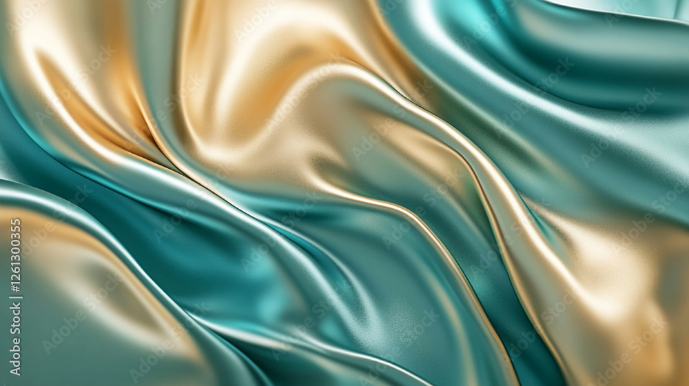 Poster close-up of teal and gold flowing fabric creating smooth, glossy waves, symbolizing fluidity, luxury