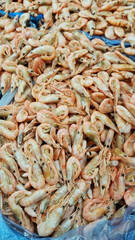 Frozen cooked shrimps in supermarket or grocery store, close-up. Seafood. Many frozen unpeeled shrimps