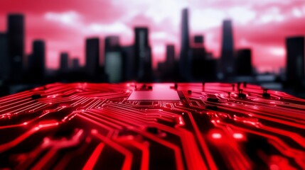 Red Circuit Board Skyline Close Up - Technology, innovation, cityscape, future, connection. A close-up of a red circuit board set against a blurred urban skyline symbolizes technological advancement