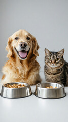Fototapeta na wymiar Happy golden retriever dog and tabby cat sitting side by side with their food bowls in front of them, showcasing companionship and shared meal time between pets.