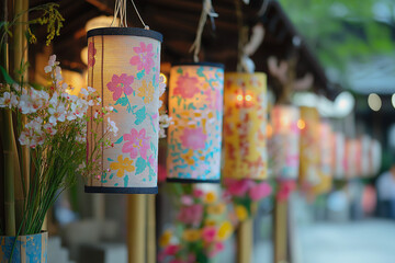 Beautifully detailed Obon festival decorations, with rows of hanging paper lanterns, flowers, and bamboo, set against a serene temple backdrop with warm ambient lighting, Generative AI